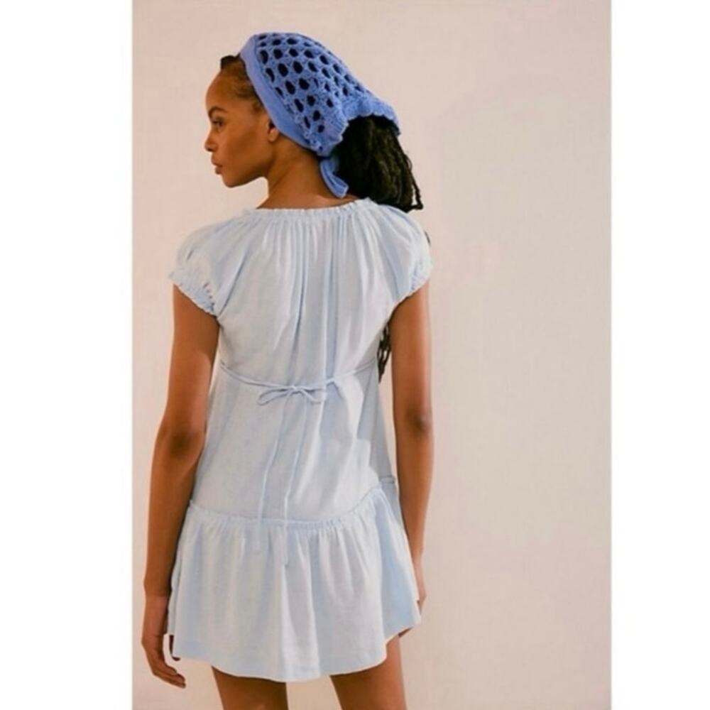 Free People Blue Perri Puff Sleeve Button Front Drop Waist Mini Dress Size Large - Picture 3 of 14
